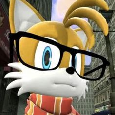 an animated image of a cat with glasses and a scarf around its neck, in the middle of a city street