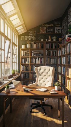 a chair sitting on top of a wooden desk in front of a book shelf filled with books