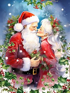 santa and mrs claus kissing in the snow