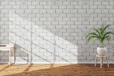 a white brick wall with a potted plant next to it on a wooden floor