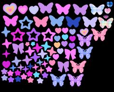 a bunch of different colored butterflies on a black background with hearts and stars in the middle