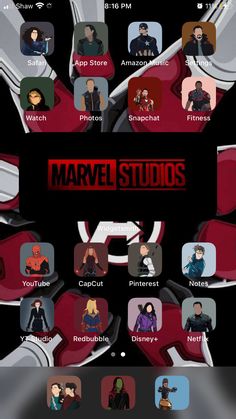 an image of the avengers movie poster with all their characters in red and black colors