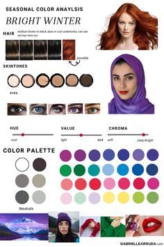 bright winter color palette, aesthetic, and seasonal color basics, including how to determine your season Undertones Hair, 12 Season Color Analysis, Season Color Analysis, Color Analysis Winter, Bright Winter Outfits, Autumn Deep, Seasonal Color Palette, Cool Winter Color Palette, Olive Complexion