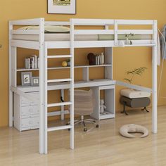 a loft bed with desk underneath it in a room that has yellow walls and hardwood floors