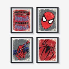 four spider - man wall art prints are shown in three different styles, each with the same