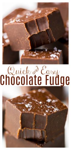 chocolate fudges stacked on top of each other with text overlay that reads, chocolate fudge