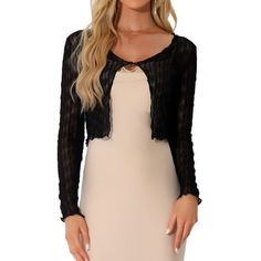 This lightweight shrug with button closure and crop length details, show off your feminine. Suits for daily wear, casual, work, dating, shopping, leisure, etc. Pair with pretty top and high heels to complete the stylish look. Size: L.  Color: Black.  Gender: female.  Age Group: adult. Feminine Suits, Velvet Shrug, Textured Crop, Cropped Shrug, Lace Shrug, Black Shrug, Bolero Shrug, Pretty Top, Vintage Cardigan