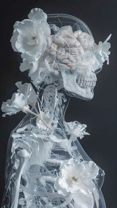 a skeleton with flowers on its head and hands in the shape of a human body