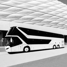 a black and white photo of a bus parked in front of a large building with a glass roof