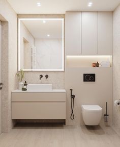 a bathroom with a toilet, sink, mirror and shower head mounted to the wall