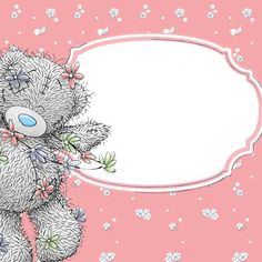 a gray teddy bear holding a pink flowery branch with an empty sign in the background