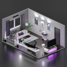 a modern living room with purple lighting in the center and white furniture on the other side