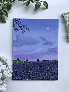 a painting of a field with purple flowers in the foreground and a full moon in the background