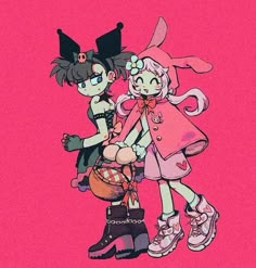 two cartoon characters standing next to each other on a pink background and one is holding a basket