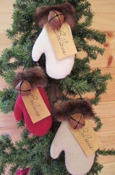 three stockings hanging from a christmas tree with name tags on them and two teddy bears attached to the socks