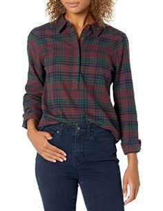 Amazon Brand - Goodthreads Women's 100% Cotton Brushed Flannel Popover Shirt Goodthreads Streetwear Flannel Outfit, Flannel Outfits Summer, Fall Flannel