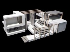 an architectural model of a room with stairs and tables