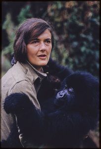 a woman holding a gorilla in her arms