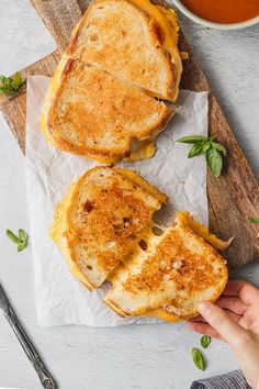 two grilled cheese sandwiches sitting on top of a cutting board