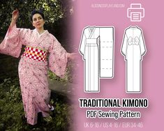 Makes a traditional kimono or yukata using Japanese techniques. It includes instructions to make it a male or a female kimono as well as different sleeve lengths and 3 styles of obi (sash). It comes with several sizes and lengths to choose from. With this pattern you can make your own Japanese outfit, costume or cosplay, or want a sewing challenge.  Perfect for those who have no time to make their own patterns but would like to create their own clothes in an easy way.  Perfect match for a cospla Japanese Yukata Women, Easy Kimono Pattern, Kimono Pattern Sewing, Patron Kimono, Kimono Pattern Design, Female Kimono, Yukata Women, Yukata Pattern, Obi Sash