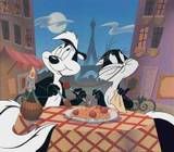 two cartoon mice sitting at a table with food in front of the eiffel tower