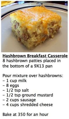 a recipe for hashbrown breakfast casserole on a plate with instructions to make it