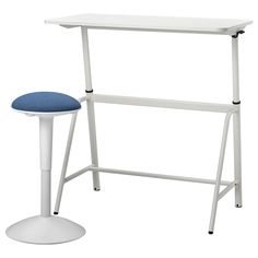 a white desk with a blue seat next to it on a white background and an object in the foreground