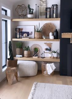 a living room filled with lots of furniture and plants on top of shelves next to a fire place