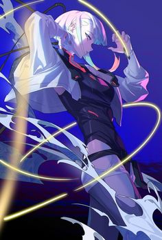 an anime character with white hair and blue eyes, holding her arms up in the air