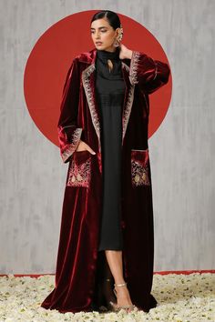 Black silk solid dress with turtle neckline. Paired with maroon long sleeve velvet front pocket jacket with Kashmiri tilla embroidery. - Aza Fashions Jewish Woman Clothing, Velvet Jacket Women, Velvet Kaftan, Velvet Suit Design, Red Embroidered Dress, Groovy Clothes, Kimono Coat, Velvet Suit, Suit Design