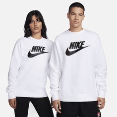 A closet staple, the Nike Sportswear Club Fleece Crew combines a bold Futura logo on the chest with the soft comfort of fleece for an elevated, everyday look. Nike Sweatshirt With Logo For Streetwear, White Hoodie For Light Sports, Sporty Fleece Sweatshirt For Sports, Urban Style Fleece Sweatshirt For Sports, Urban Fleece Sweatshirt For Sports, Sporty Logo Sweatshirt For Winter, Winter Athleisure Sweats With Logo Print, Nike Casual Sweatshirt With Moisture-wicking, Functional White Hoodie For Sports Season