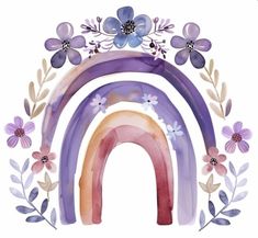 a watercolor painting of a rainbow with flowers and leaves on it's side