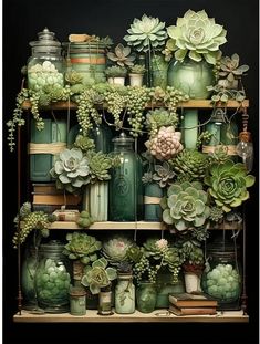 an arrangement of succulents and jars are arranged on a shelf in front of a black background