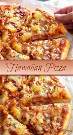 hawaiian pizza with pineapple and ham toppings on it, cut into four slices