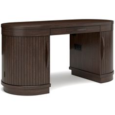 a large wooden desk with a curved top