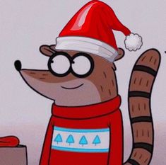 a cartoon raccoon wearing a santa hat and glasses