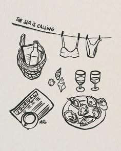 a drawing of clothes and food hanging on a line with the words, the sea is calling