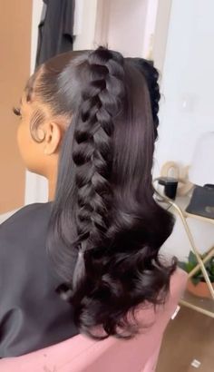 Hairstyles To Get Done At The Salon, College Back To School Hairstyles, 2 Ponytails Hairstyles For Black Women, Silk Press With Fishtail Braid, Frontal Wig Hairstyles Medium Length, Sweet 16 Birthday Hairstyles, Princess Ponytail Hairstyles, 2 Braids Into A Ponytail, Braiding Hair Ideas