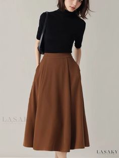 Lasaky - Coffee-toned High-waisted A-line Midi Skirt with Slim Fit and Pleated Hem Affordable Outfits, Fitted Midi Skirt, School Clothing, Midi Skirt Outfit, Retro Coffee, Skirt Casual, Midi Flare Skirt, Brown Skirt, Brown Skirts