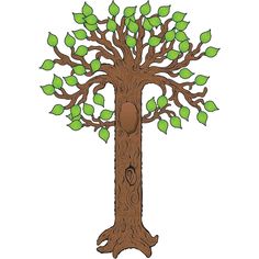 a drawing of a tree with green leaves on it's trunk, and a hole in the middle