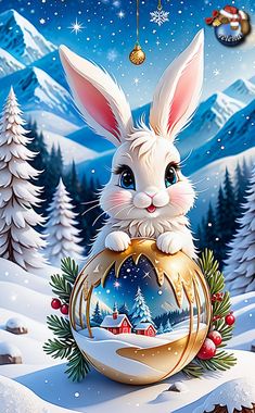 a painting of a white rabbit sitting in front of a christmas ornament with snow and trees