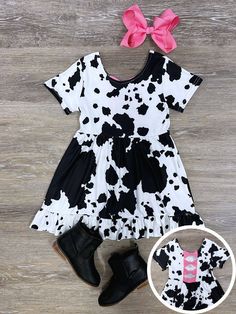 Cow You Doin' Girls Black Cow Print Tutu Outfit, Cow Print Clothes Walmart, Cow Clothes Walmart, Cow Print Girls Dress, Summer Boutique Outfits, Cow Print Dress, Black And White Cow Print, Cow Print Baby Pants, Trendy Baby Girl Clothes