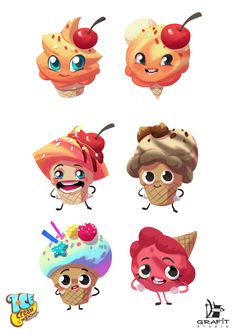 cartoon ice creams with different faces and eyes, all in different shapes and sizes