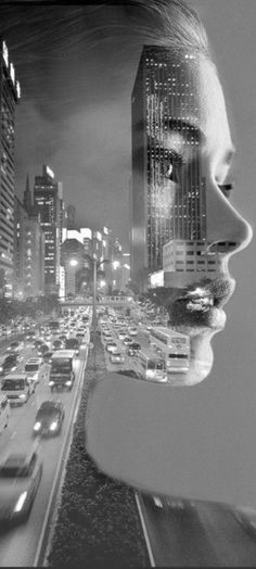 a woman's face is shown in front of a cityscape with cars and skyscrapers