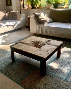 a living room with two couches and a coffee table in the middle of it