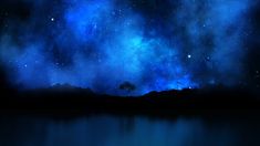 the night sky is filled with stars and bright blue clouds, reflecting on water's surface