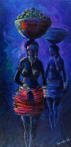 an oil painting of two women carrying baskets on their heads and one woman standing behind her