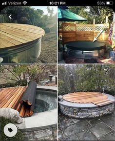 four pictures of different types of hot tubs in the yard and on the deck