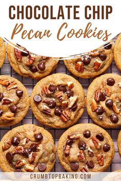 chocolate chip pecan cookies arranged on a wire rack. Caramel Pecan Cookies, Pudding Recipes Homemade, Small Batch Chocolate Chip Cookies, Cinnamon Roll Cookies, Best Guacamole Recipe, Coconut Desserts, Baked Alaska, Easy Chocolate Chip Cookies