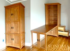 a wooden desk and bookcase in an empty room